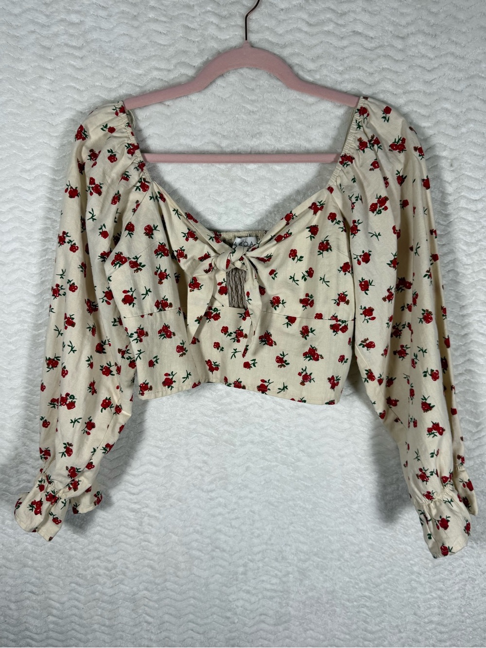 Acoa Cream Floral Tie-Front Crop Top with Long Sleeves